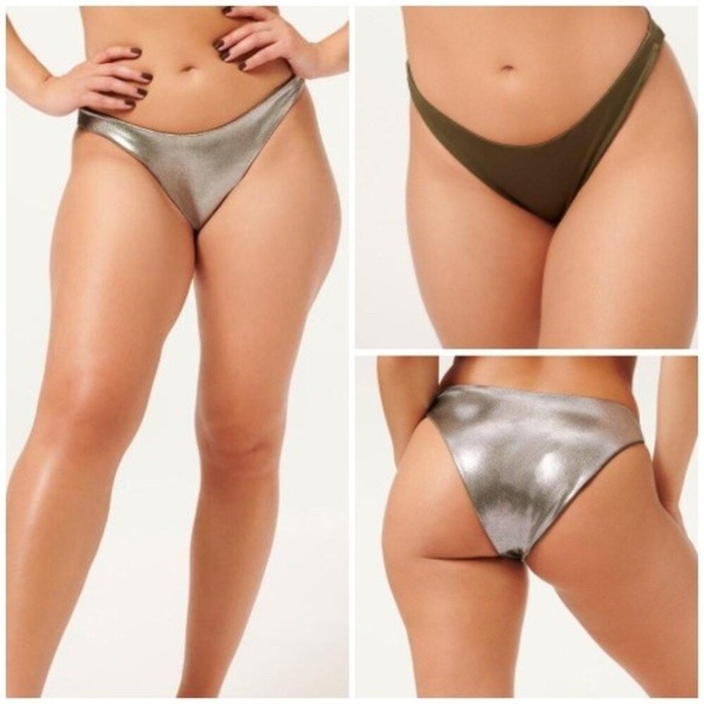 GOOD AMERICAN Reversible Bikini Bottom Large Reversible Stormy Foil Olive Green